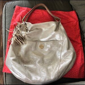 Signed by Tory Burch Gold Metallic Hobo Bag Purse GUC